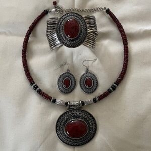 Premiere Jewelry Designs Red Spice Necklace, Cuff Bracelet and Earrings.